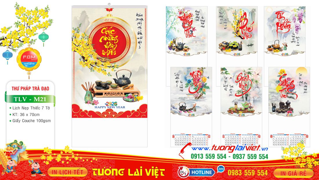Lịch 7 tờ Chữ thư pháp